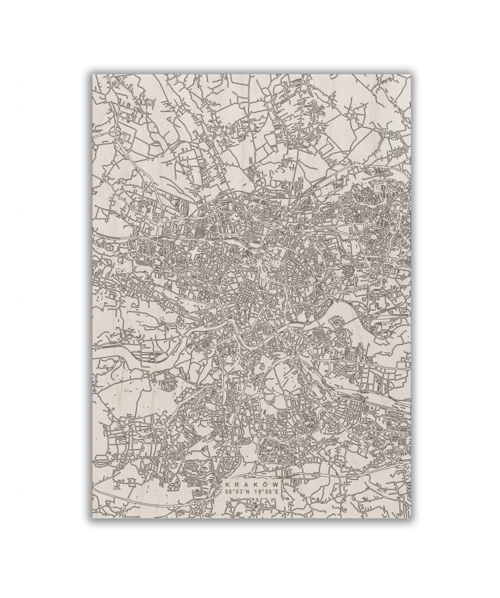 Grawerowana drewniana mapa miasta: Kraków | Boscohome