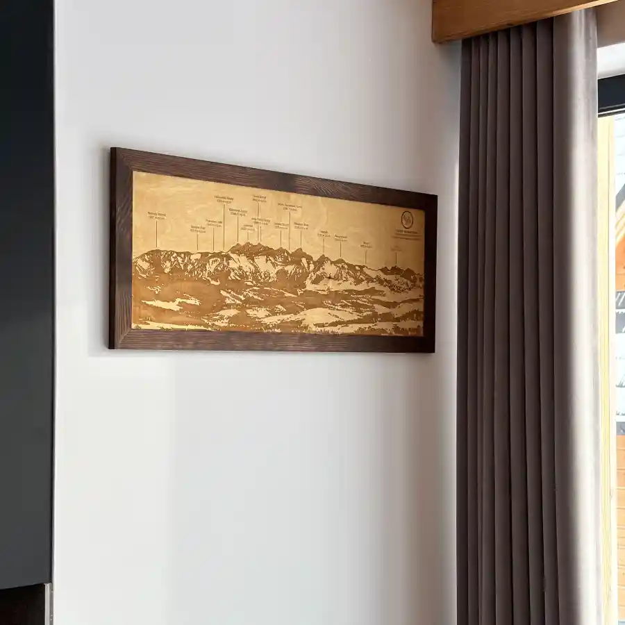 Drewniana Panorama Gór⛰️ - Tatry - Widok na Tatry Słowackie z polany w Sromowcach Wyżnych 70x25cm